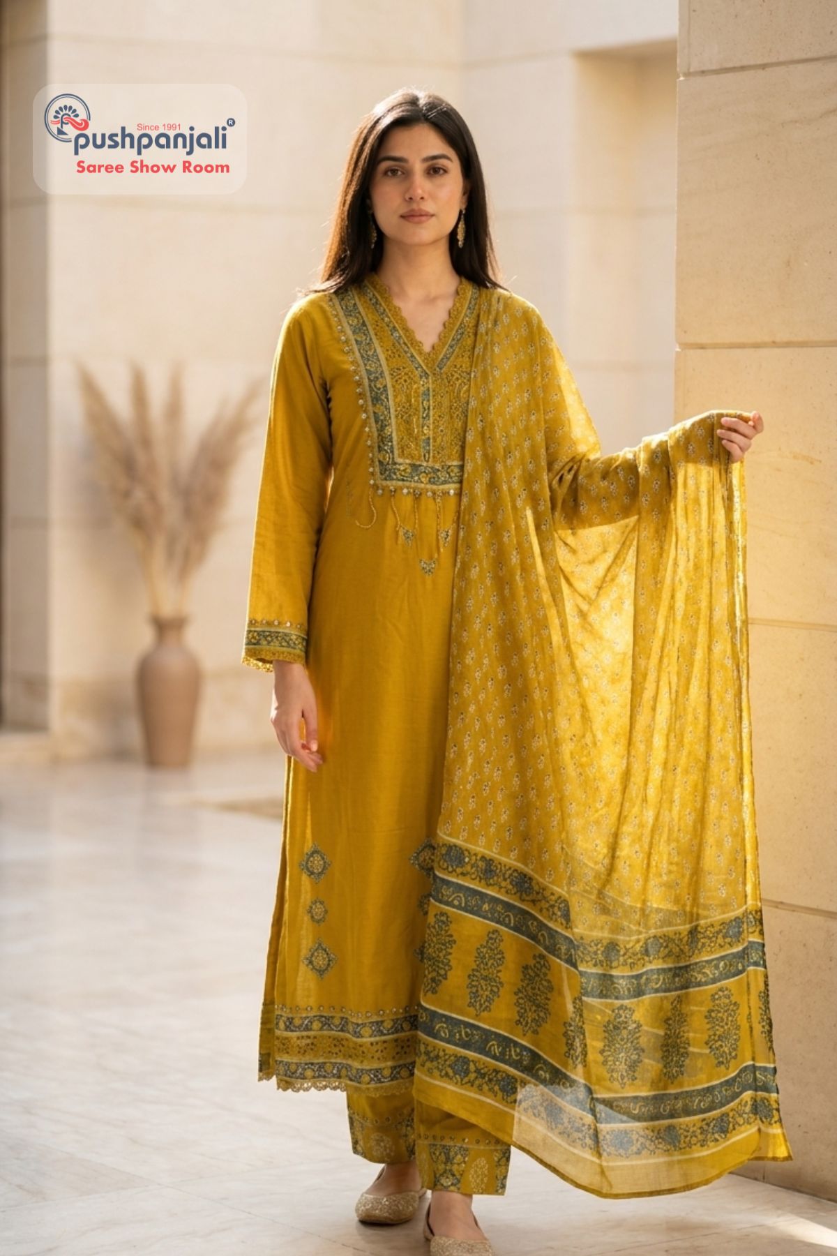 Mustard Yellow A-Line Kurta Set with Printed Dupatta - Image 4