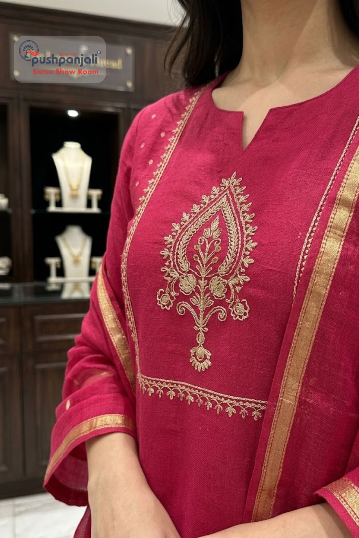 Rani Pink Straight Kurta Set with Golden Border Dupatta - Image 2