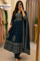 Teal Blue Printed A-Line Kurta Set with Dupatta