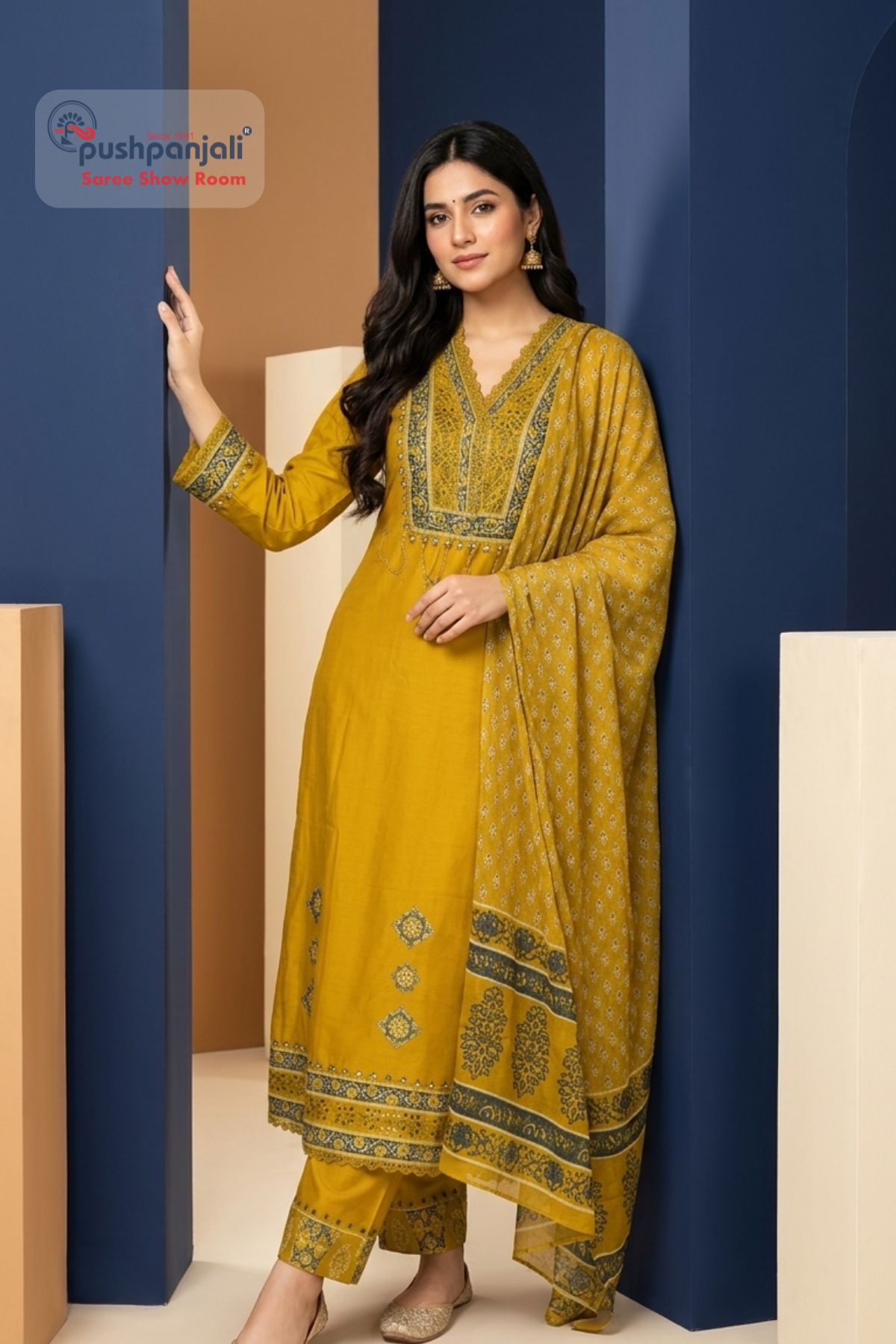 Mustard Yellow A-Line Kurta Set with Printed Dupatta - Image 2