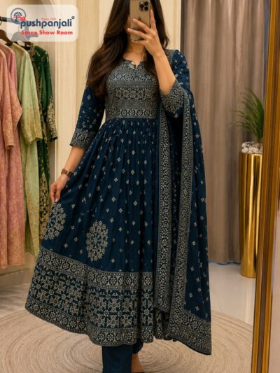 Teal Blue Printed A-Line Kurta Set with Dupatta