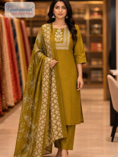 Mustard Olive Straight Fit Suit Set with Printed Dupatta