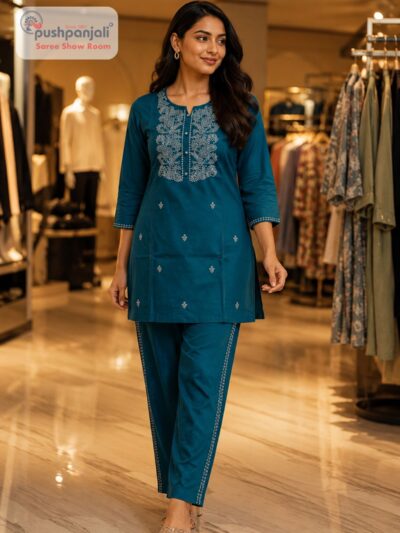 Teal Blue Embroidered Co-Ord Set for Women