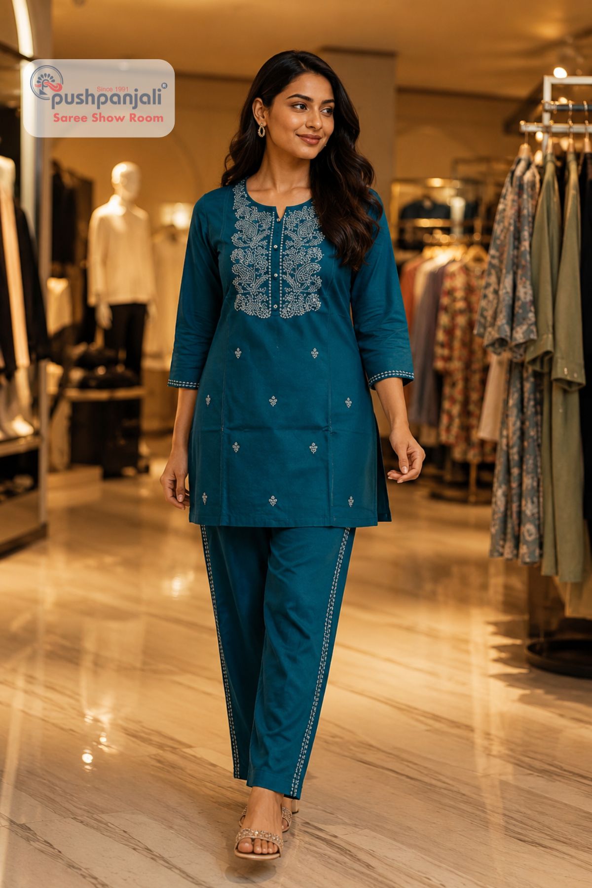 Teal Blue Embroidered Co-Ord Set for Women