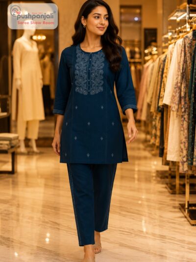 Navy Blue Embroidered Co-Ord Set for Women