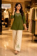 Olive Green Embroidered Top & Palazzo Set for Women