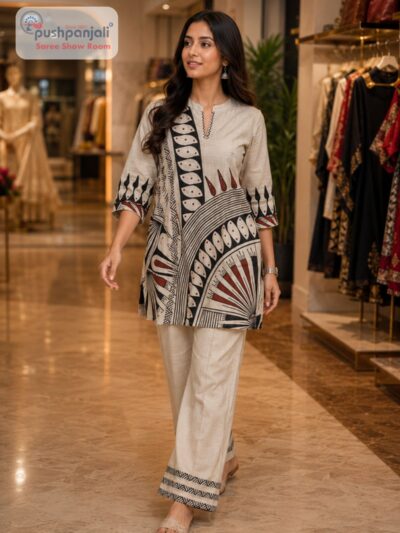 Beige Abstract Printed Kurti & Palazzo Co-Ord Set for Women