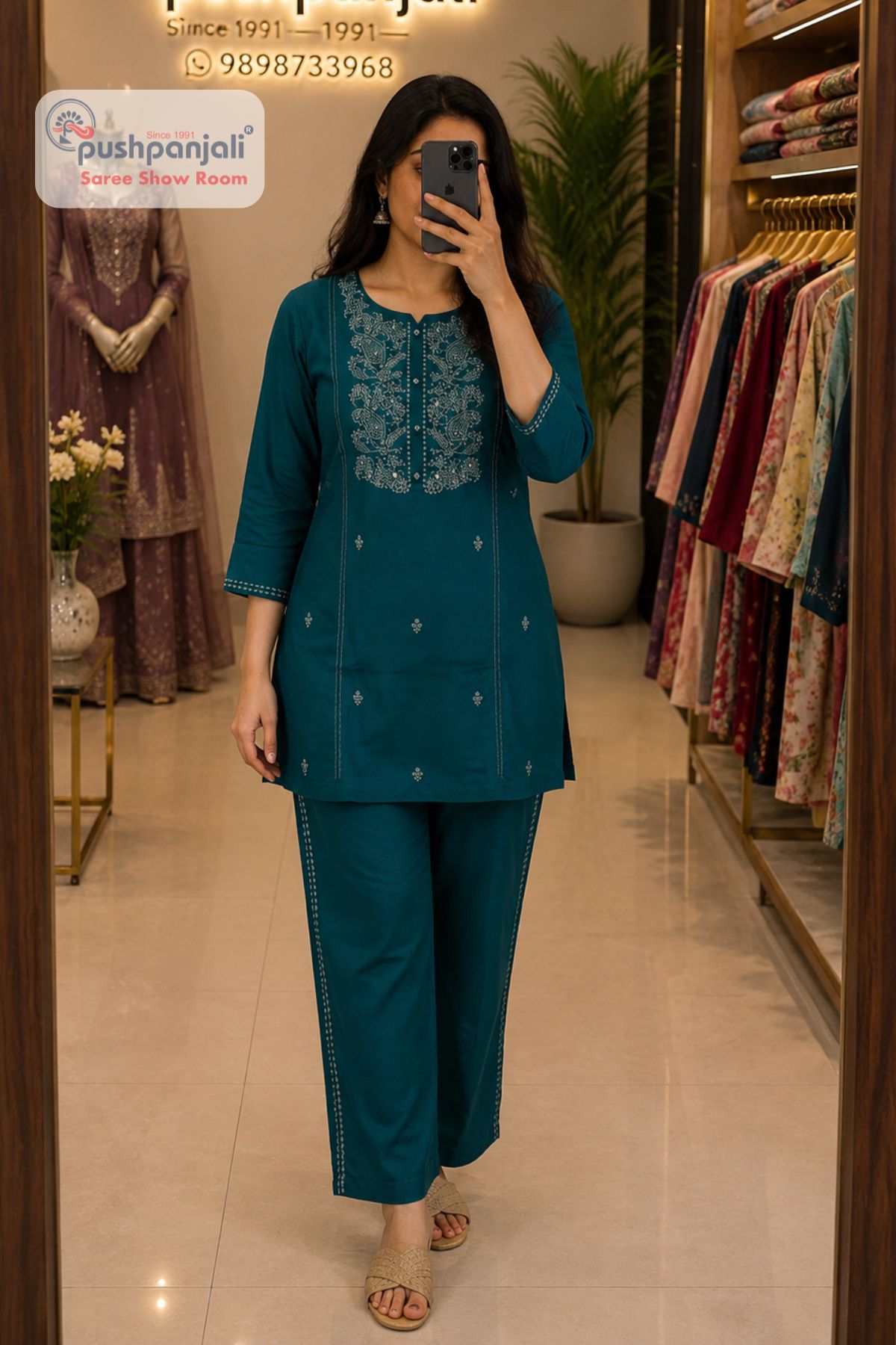 Teal Blue Embroidered Co-Ord Set for Women - Image 2