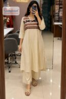 Cream Embroidered Yoke Anarkali Kurti Palazzo Set for Women