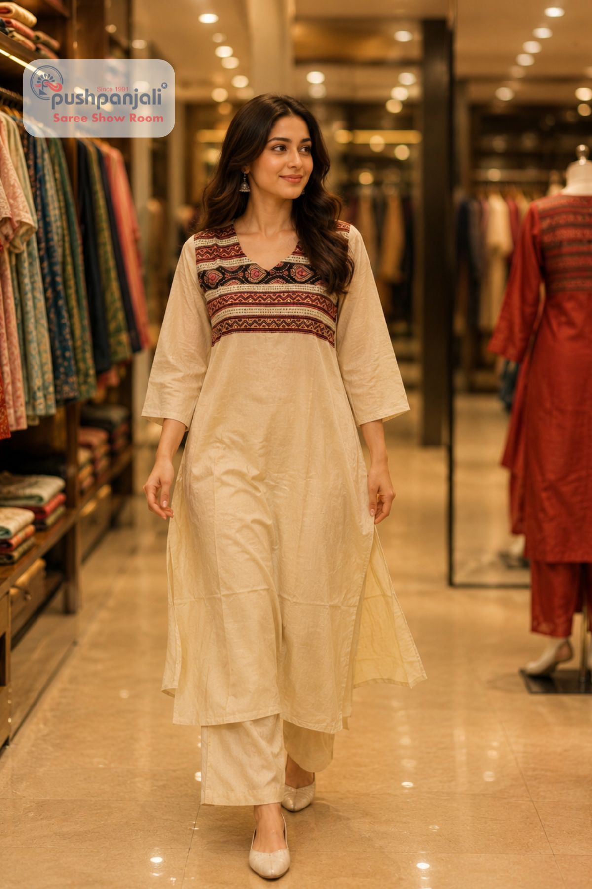 Cream Embroidered Yoke Anarkali Kurti Palazzo Set for Women - Image 2