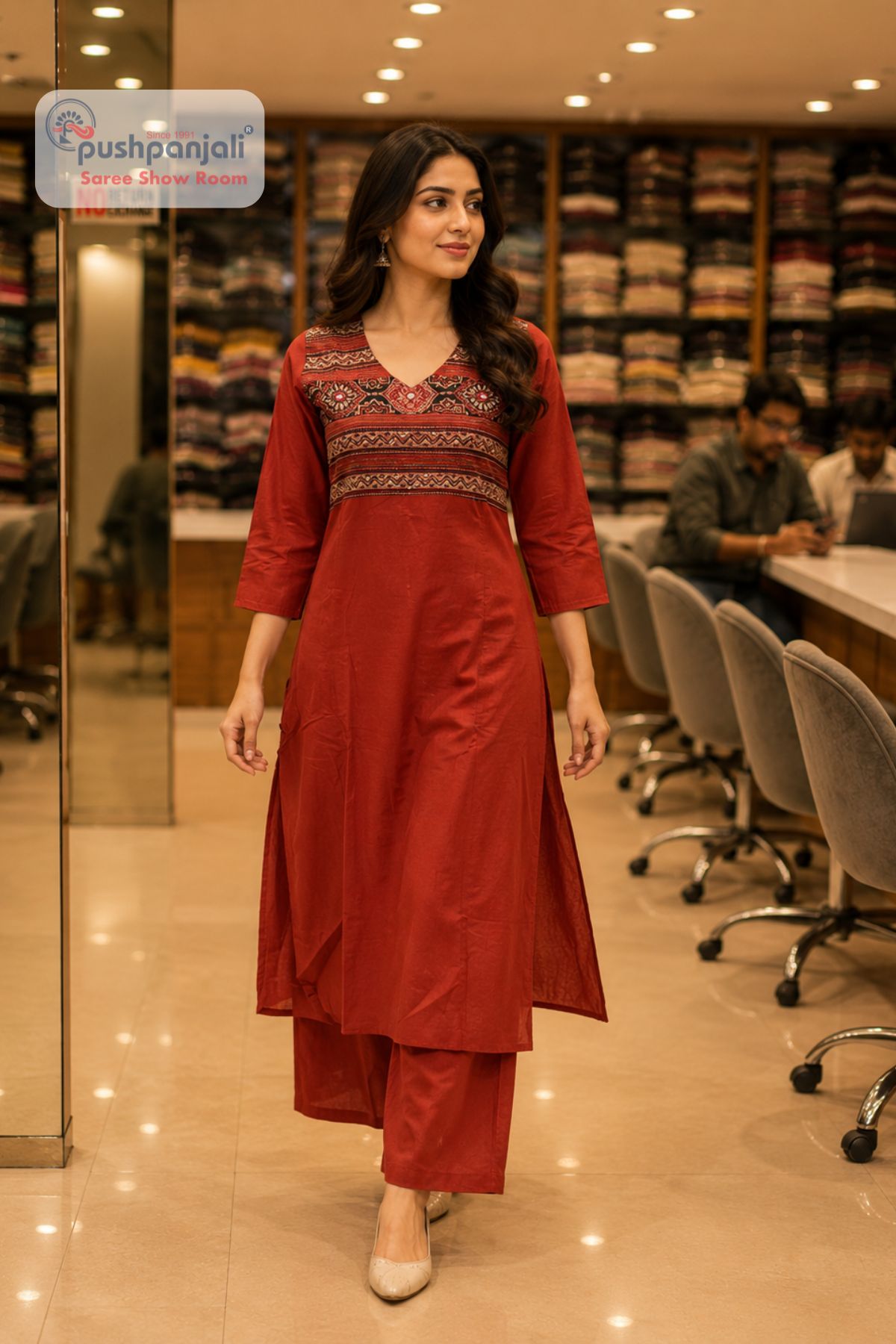 Rust Orange Ethnic Yoke Kurti Palazzo Set for Women - Image 2