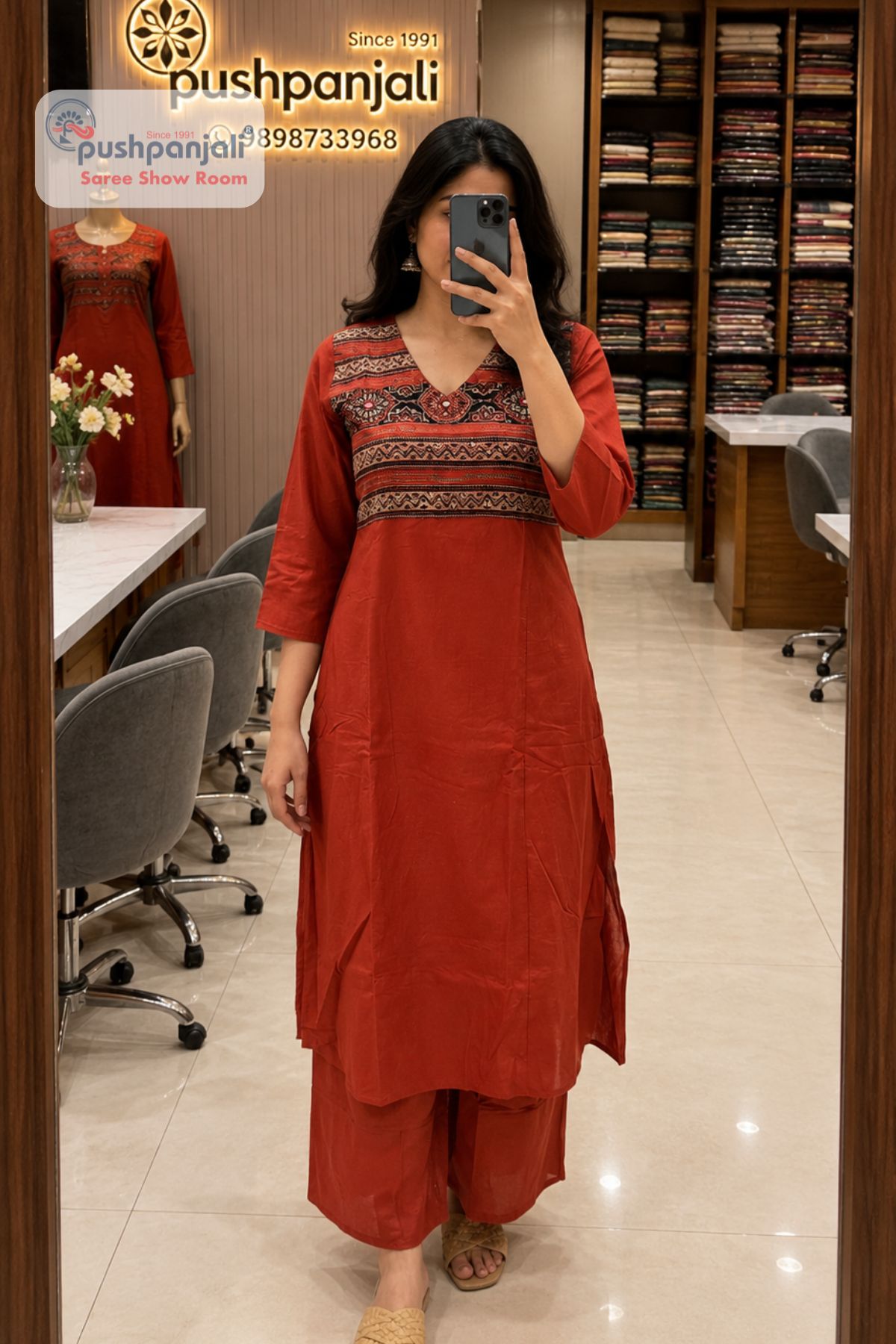 Rust Orange Ethnic Yoke Kurti Palazzo Set for Women
