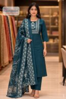 Teal Green Straight Fit Embroidered Suit Set with Printed Dupatta