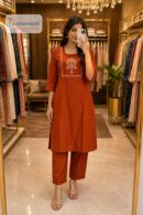 Rust Orange Embroidered 2 Piece Kurti Pant Set
