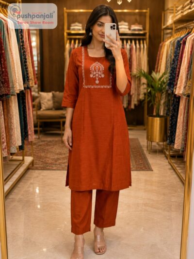 Rust Orange Embroidered 2 Piece Kurti Pant Set