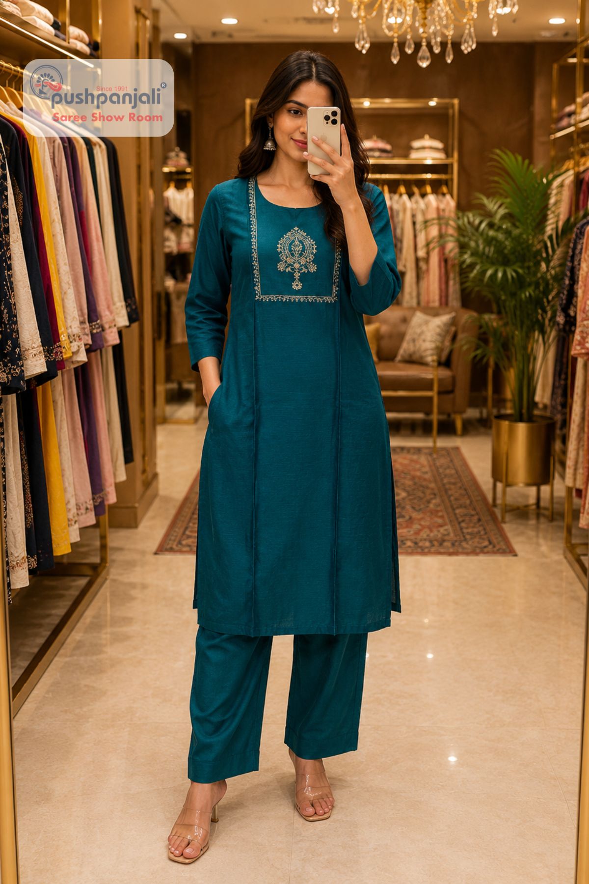 Teal Blue Embroidered 2 Piece Kurti Pant Set - Image 2