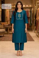 Teal Blue Embroidered 2 Piece Kurti Pant Set