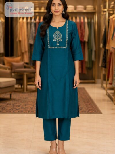 Teal Blue Embroidered 2 Piece Kurti Pant Set