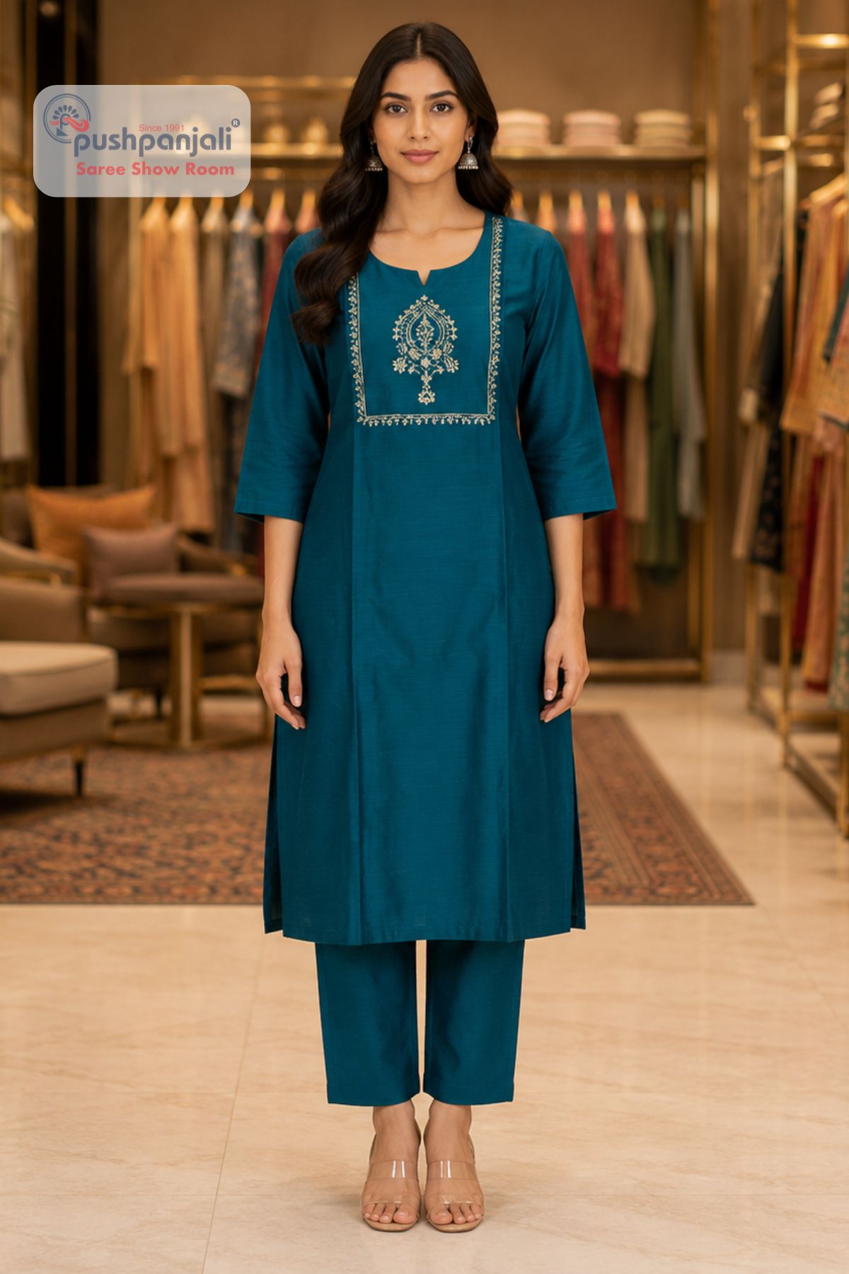 Teal Blue Embroidered 2 Piece Kurti Pant Set