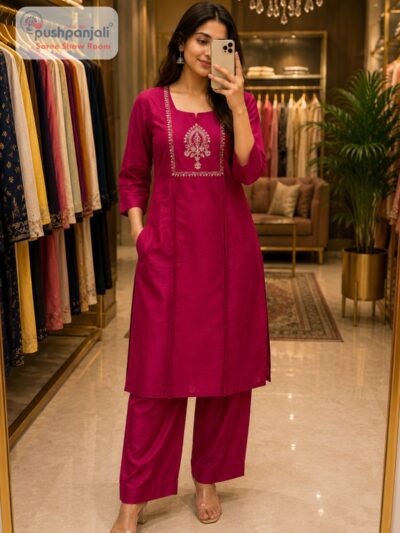 Magenta Pink Embroidered 2 Piece Kurti Pant Set