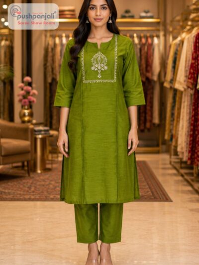 Olive Green Embroidered 2 Piece Kurti Pant Set