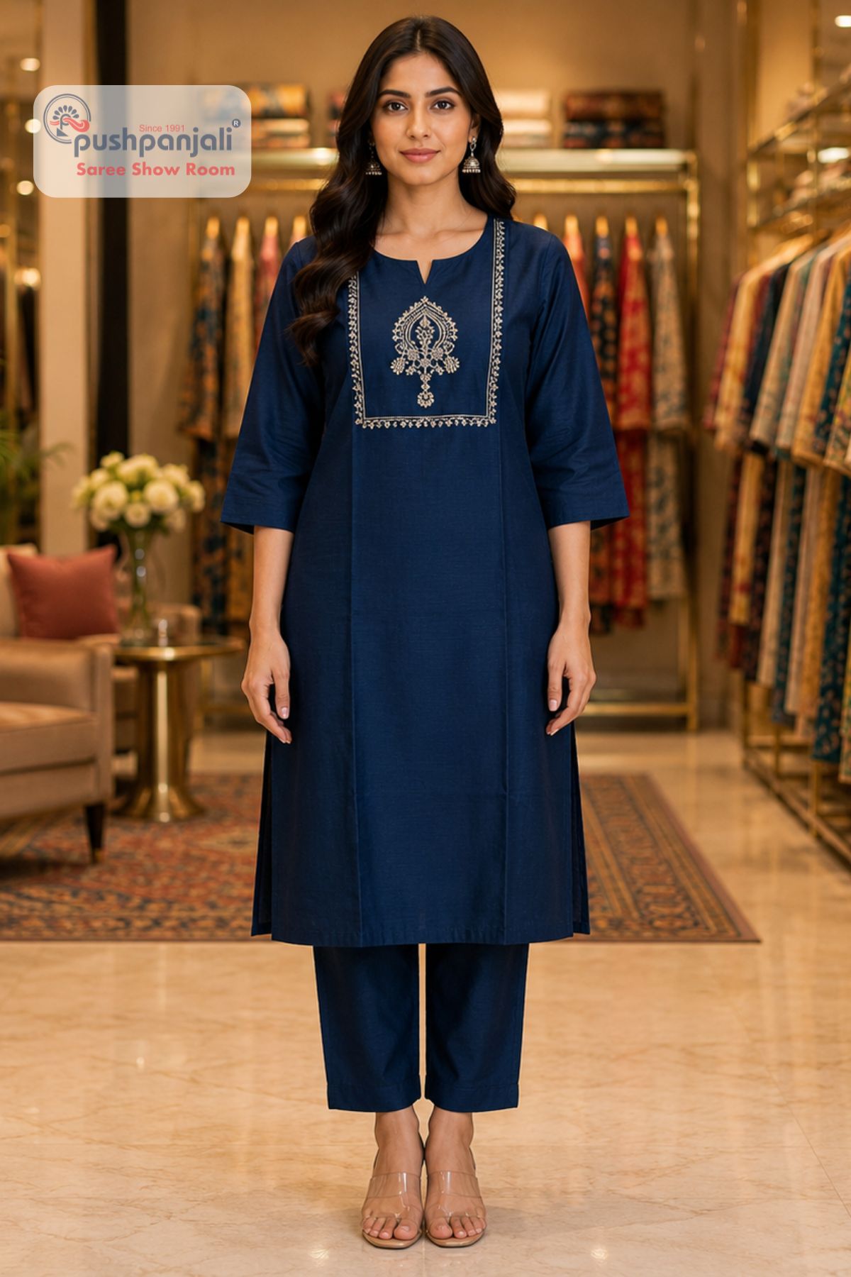 Navy Blue Embroidered 2 Piece Kurti Pant Set - Image 2