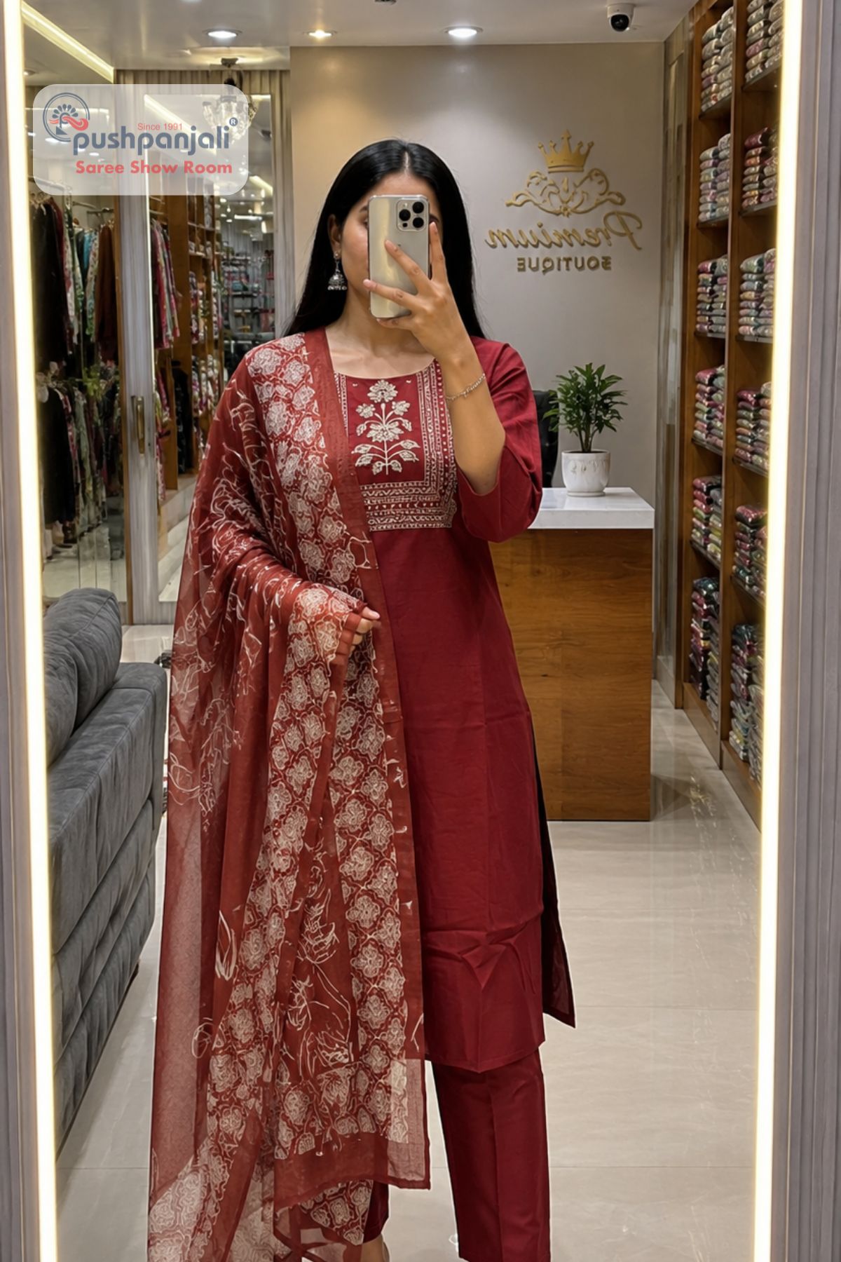 Maroon Straight Fit Embroidered Suit Set with Printed Dupatta - Image 2