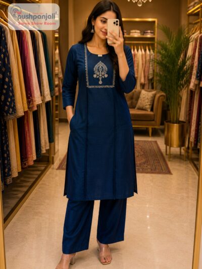 Navy Blue Embroidered 2 Piece Kurti Pant Set