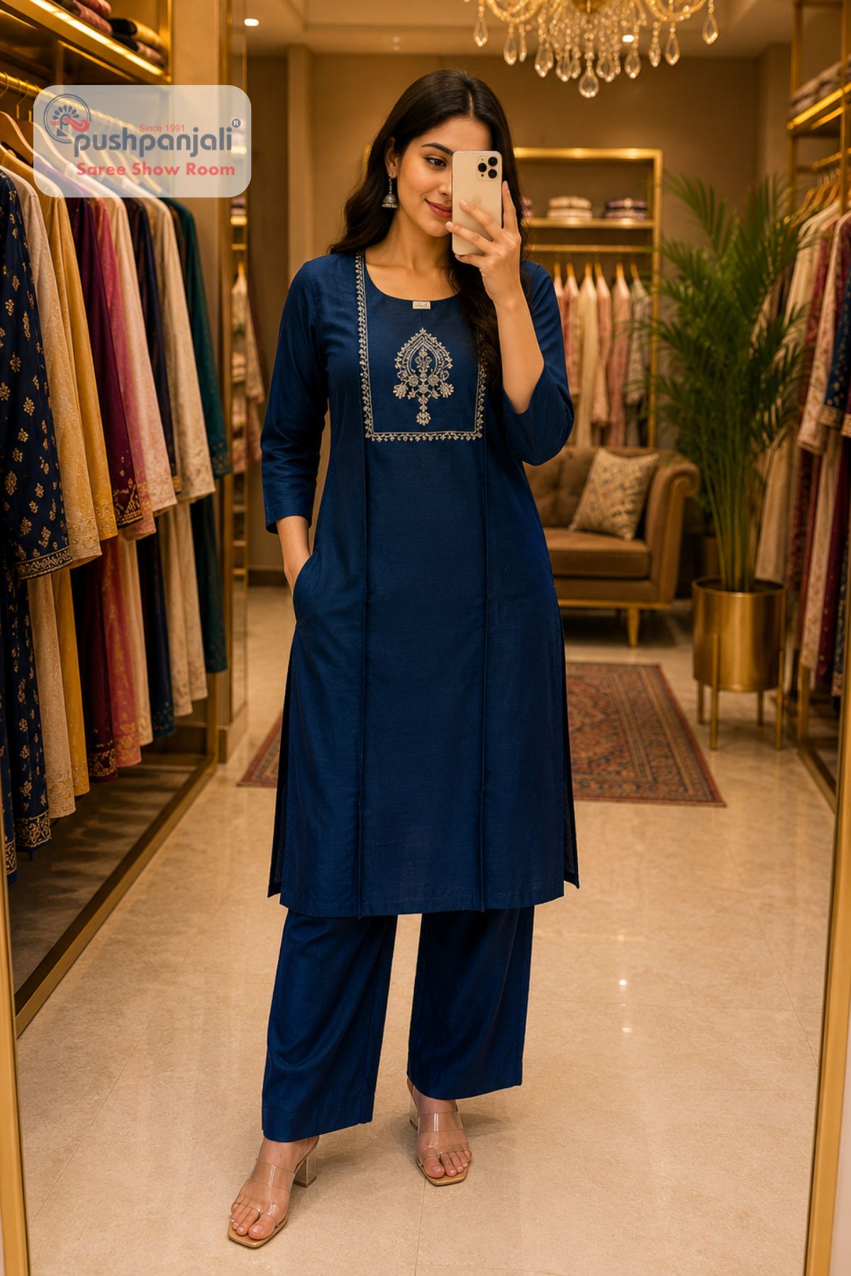 Navy Blue Embroidered 2 Piece Kurti Pant Set
