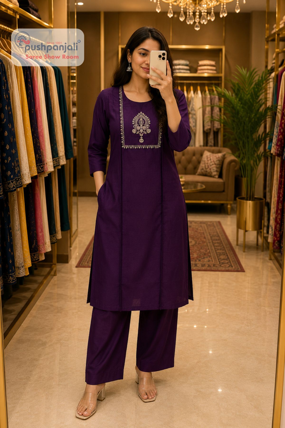 Purple Embroidered 2 Piece Kurti Pant Set - Image 2