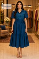 Teal Blue Embroidered One Piece Flared Dress