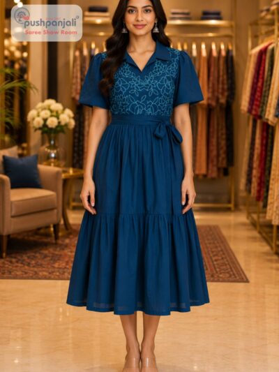Teal Blue Embroidered One Piece Flared Dress