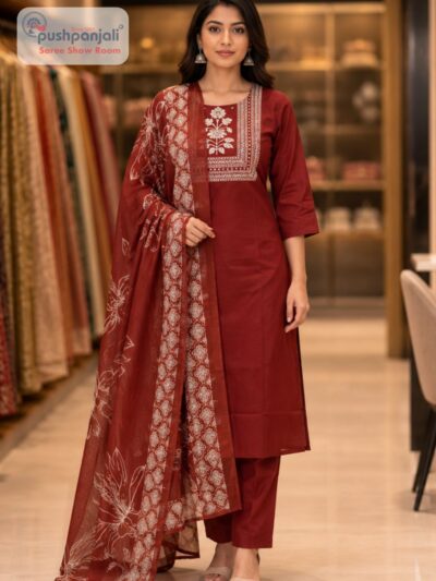 Maroon Straight Fit Embroidered Suit Set with Printed Dupatta
