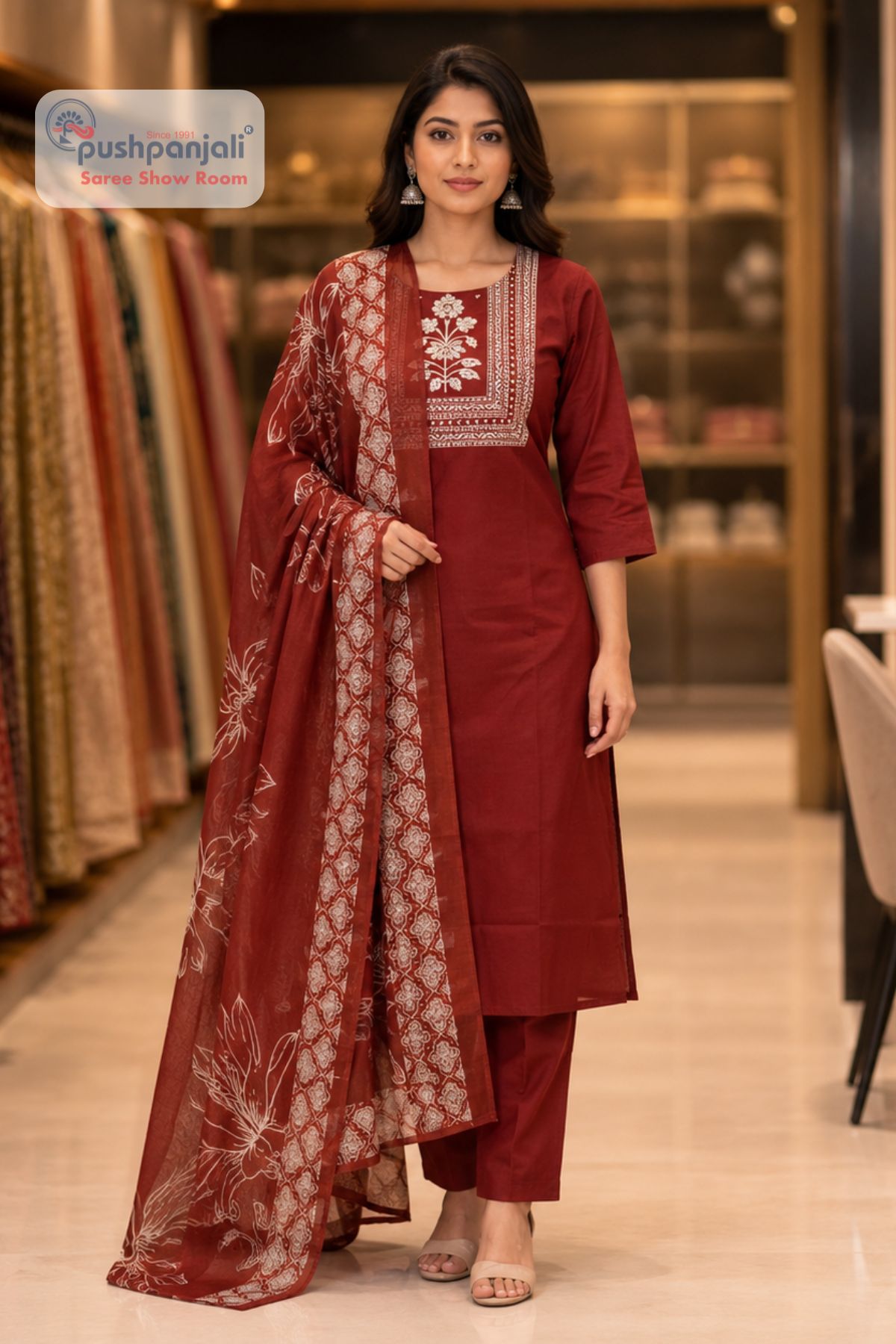 Maroon Straight Fit Embroidered Suit Set with Printed Dupatta