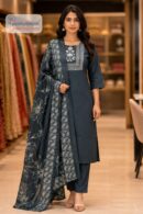 Charcoal Grey Straight Fit Printed Suit Set with Dupatta