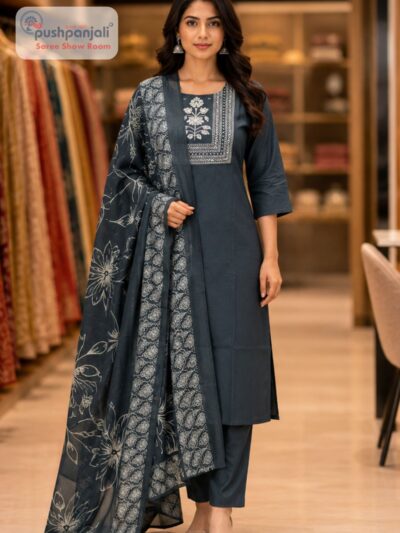 Charcoal Grey Straight Fit Printed Suit Set with Dupatta