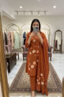 Rust Orange Floral Embroidered A-Line Kurta Set with Dupatta