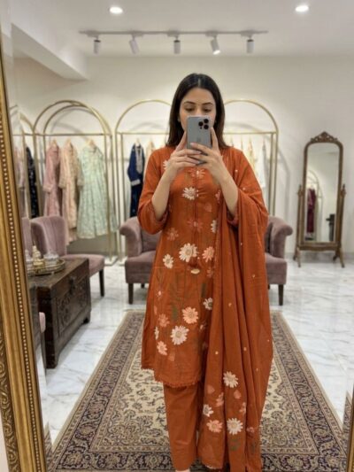 Rust Orange Floral Embroidered A-Line Kurta Set with Dupatta