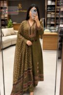 Olive Mehendi A-Line Kurta Set with Printed Dupatta