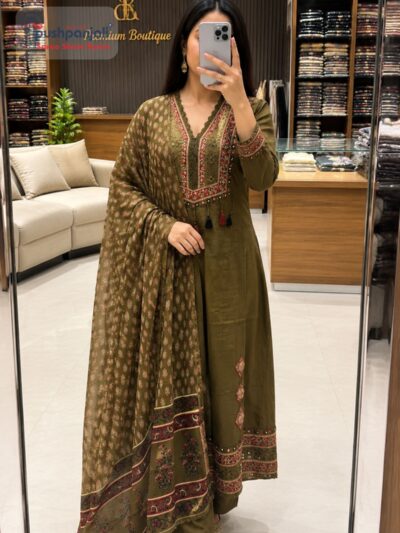 Olive Mehendi A-Line Kurta Set with Printed Dupatta
