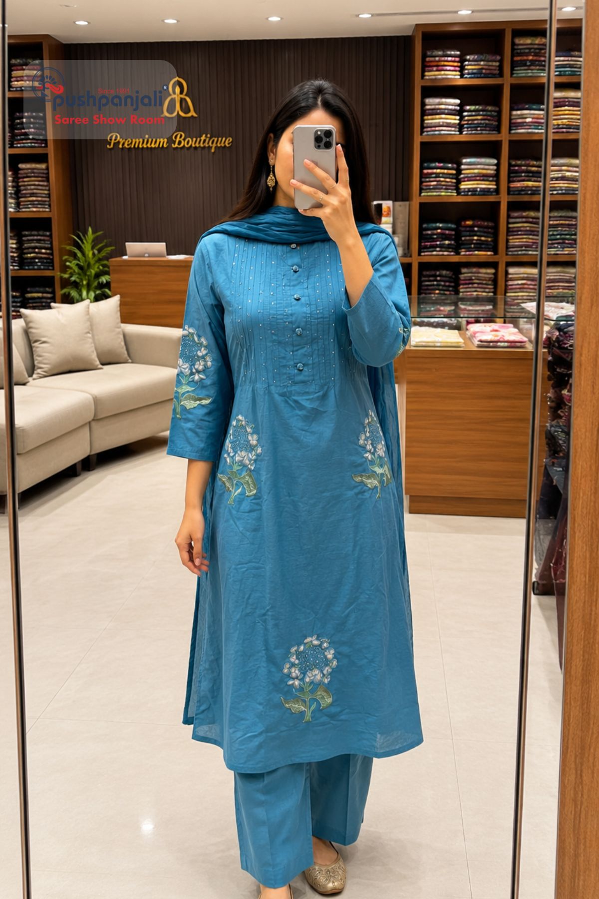 Sky Blue Embroidered A-Line Kurta Set with Dupatta - Image 2