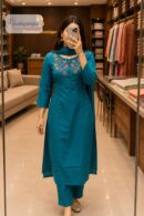 Teal Blue Floral Embroidered Straight Kurta Set with Dupatta