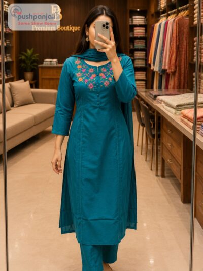 Teal Blue Floral Embroidered Straight Kurta Set with Dupatta