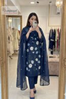 Navy Blue Floral Embroidered A-Line Kurta Set with Dupatta