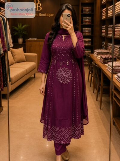 Wine Purple Printed Anarkali Kurta Set