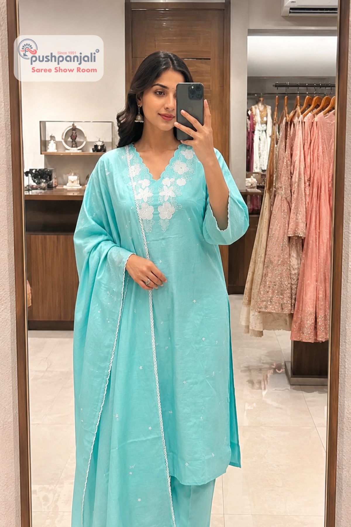 Sky Blue Embroidered Straight Fit Suit Set with Dupatta - Image 2