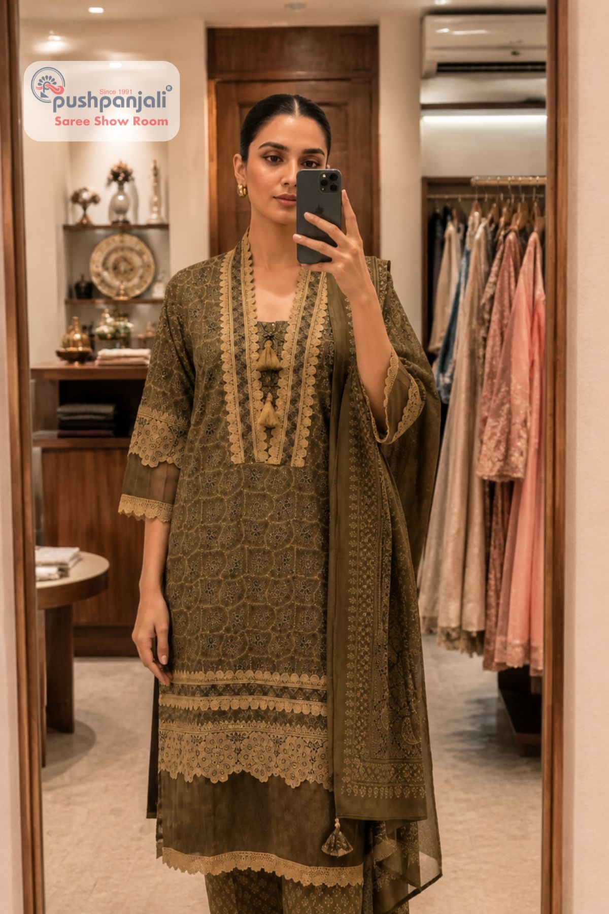 Olive Green Printed Straight Fit Suit Set with Dupatta - Image 2
