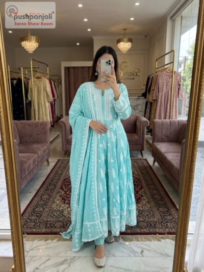 Pastel Mint Green Chikankari A-Line Kurta Set with Dupatta