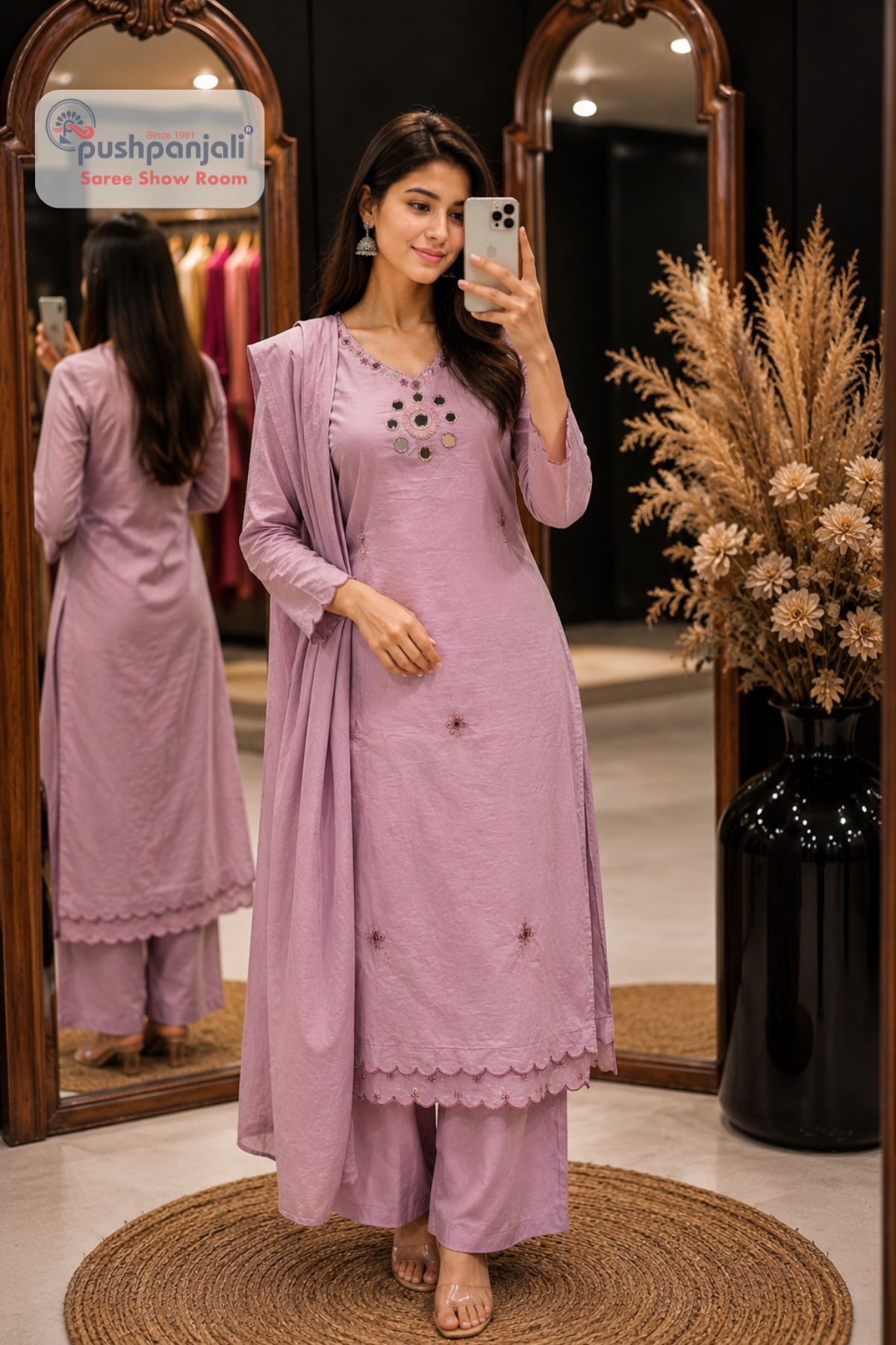 Lavender Embroidered Straight Fit Suit Set - Image 2