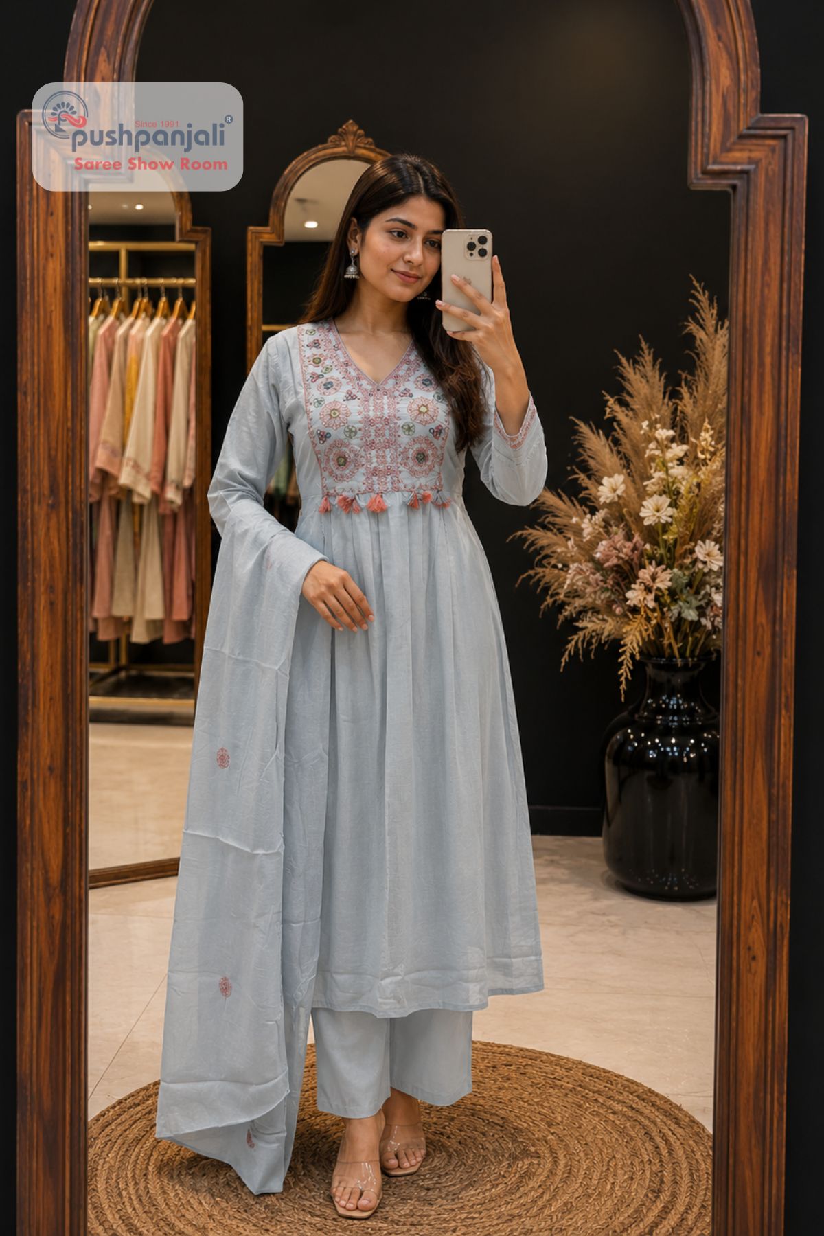 Powder Blue Embroidered A-Line Suit Set - Image 2